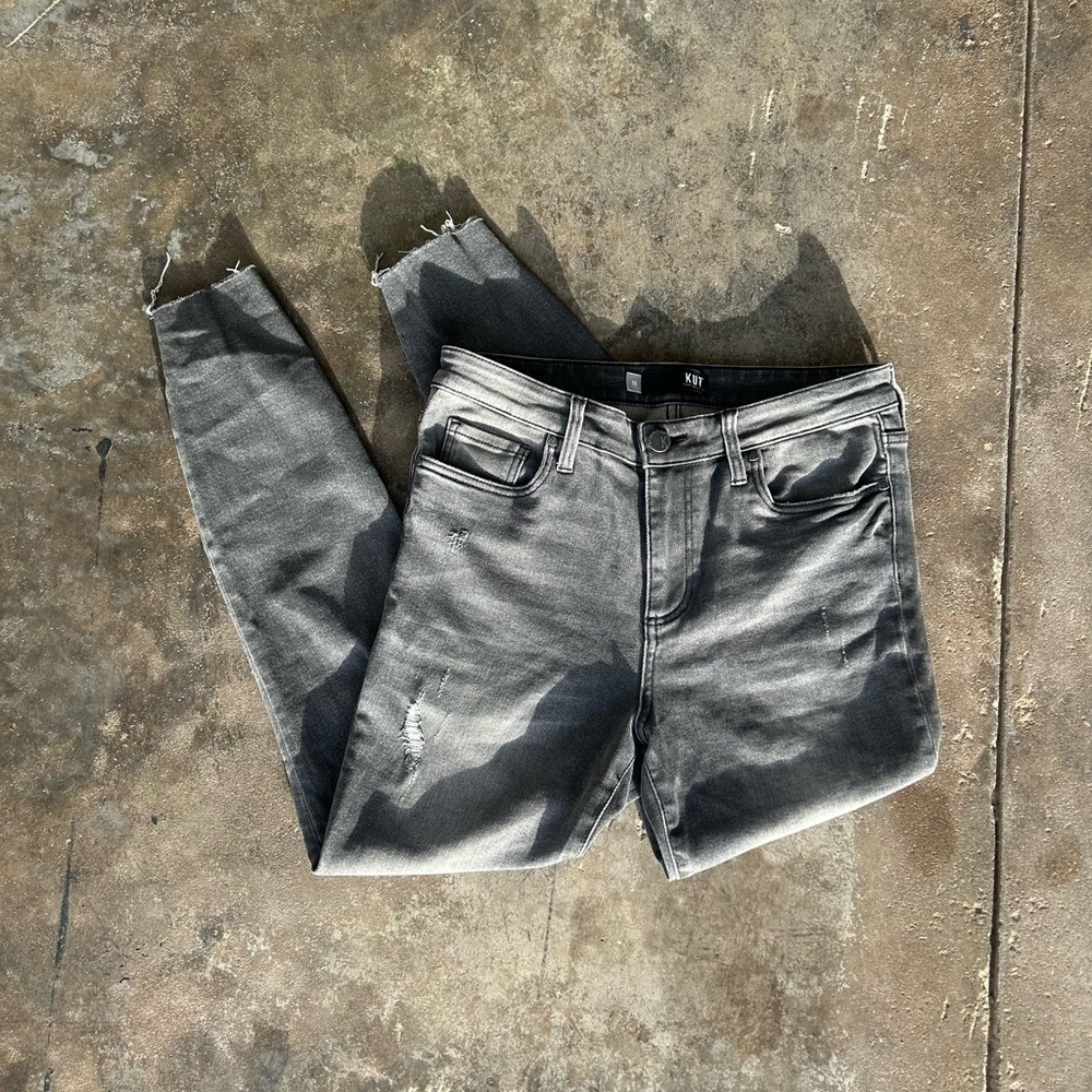 KUT From The Cloth Gray Skinny Jeans with factory distressing and cropped ankle
